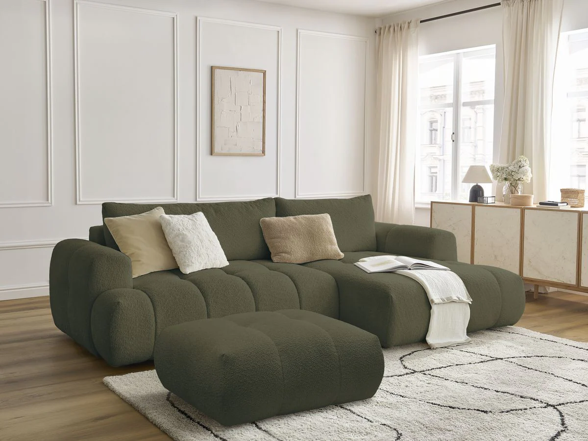 Canapé d'angle convertible FUJI tissu bouclette avec pouf - Image 29