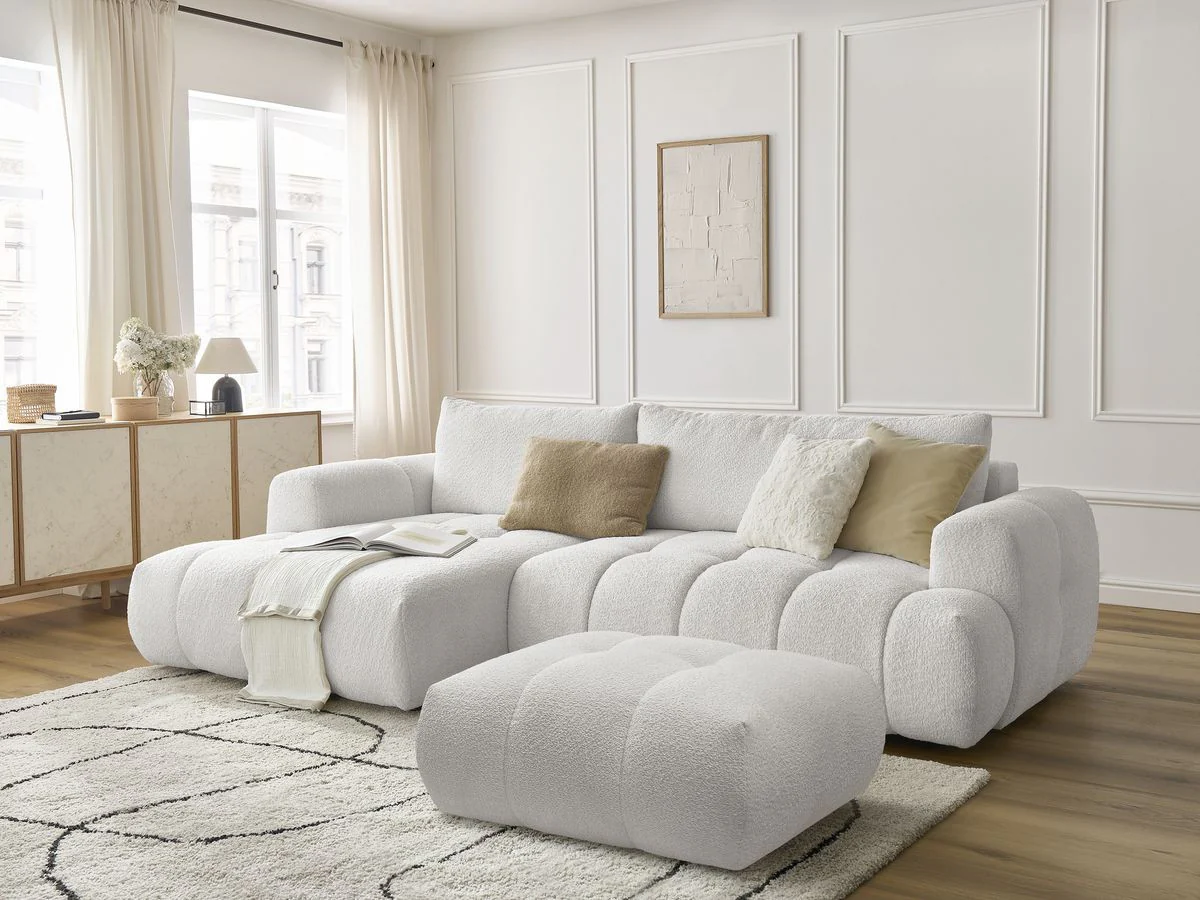 Canapé d'angle convertible FUJI tissu bouclette avec pouf - Image 3