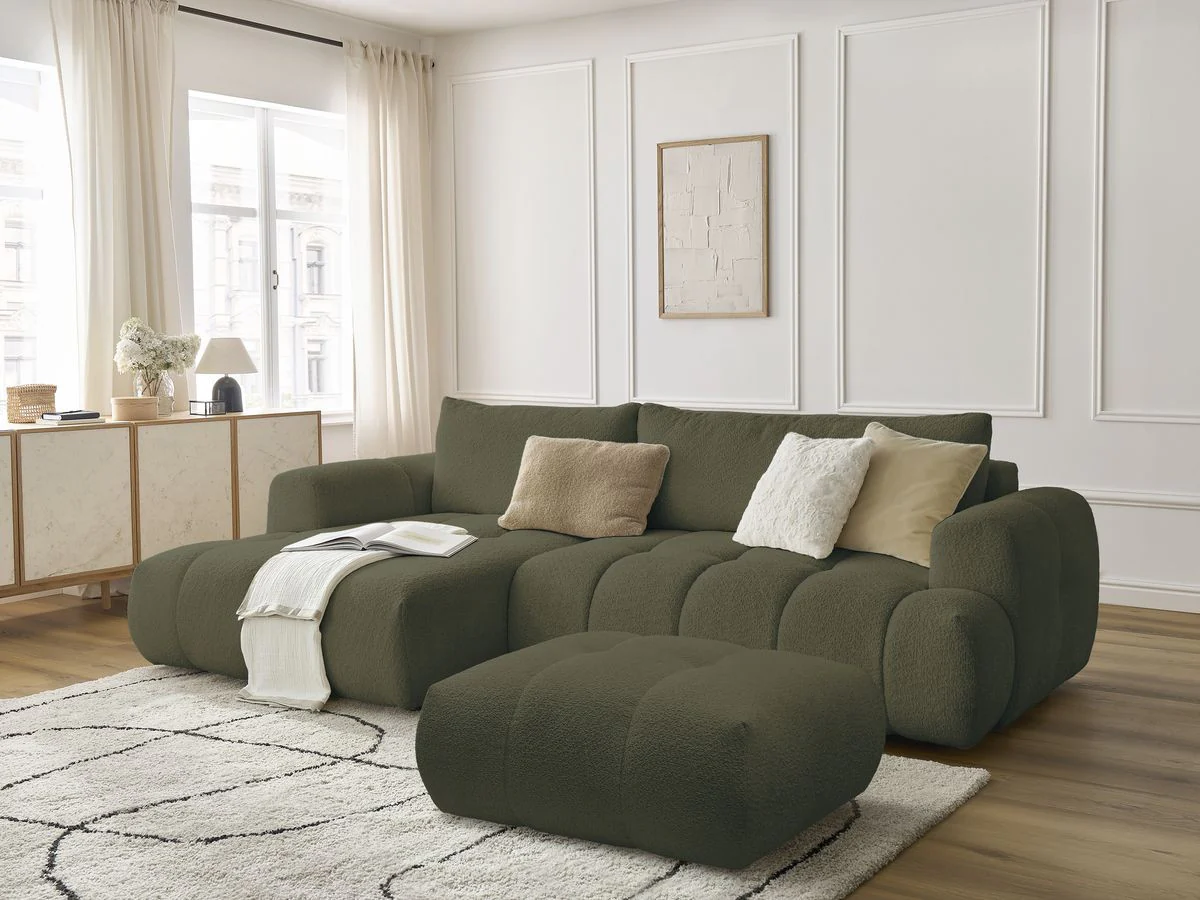 Canapé d'angle convertible FUJI tissu bouclette avec pouf - Image 30