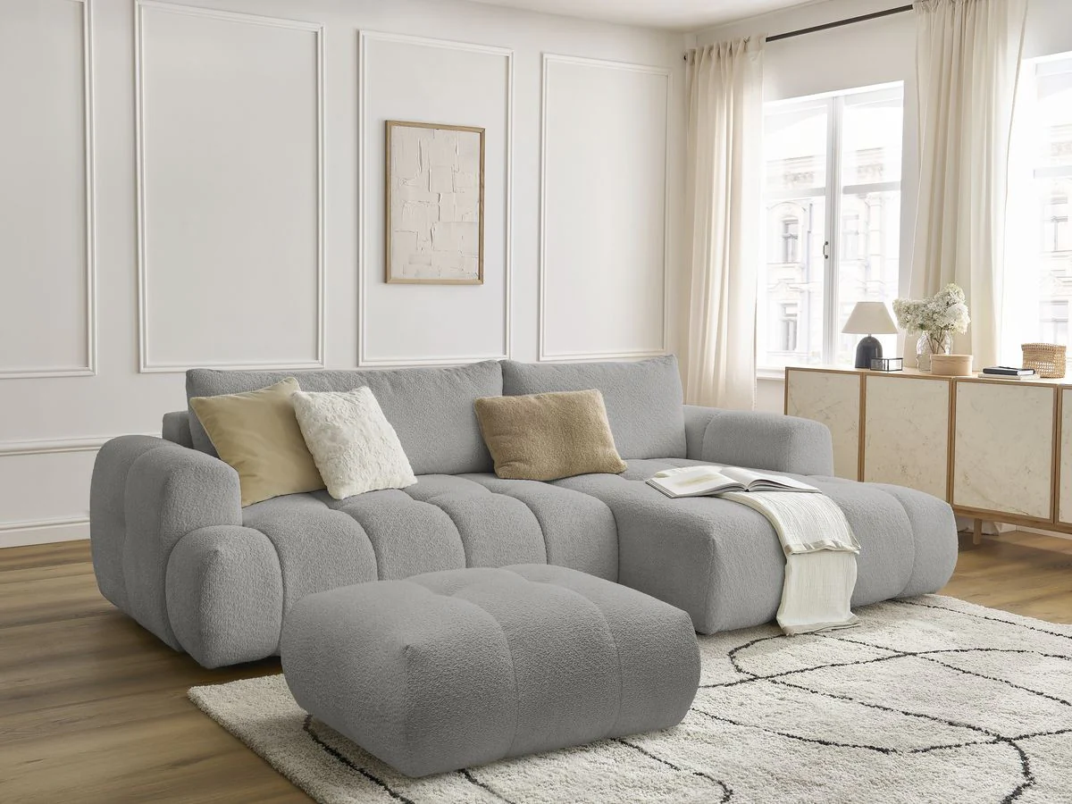 Canapé d'angle convertible FUJI tissu bouclette avec pouf - Image 33