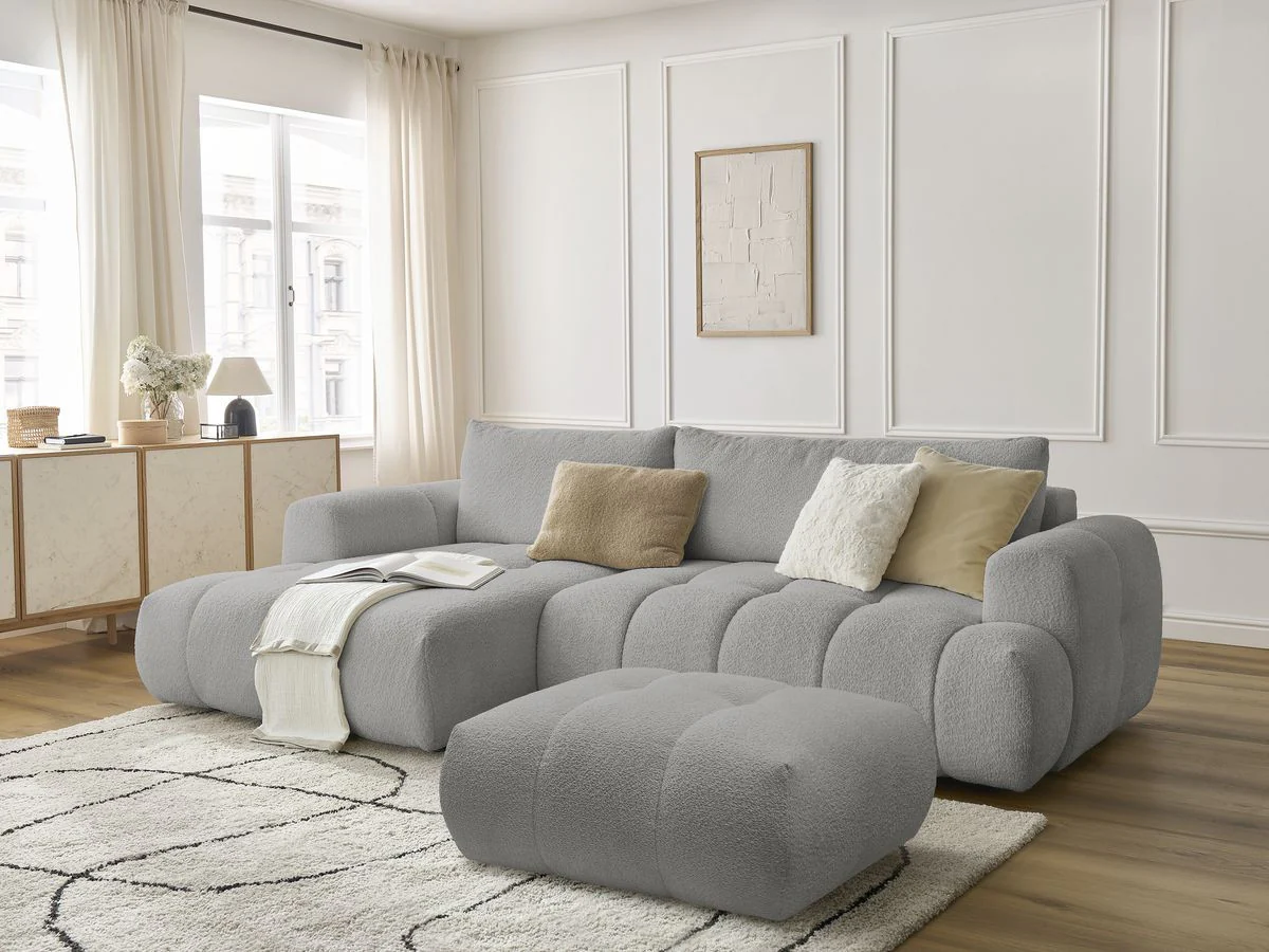 Canapé d'angle convertible FUJI tissu bouclette avec pouf - Image 34
