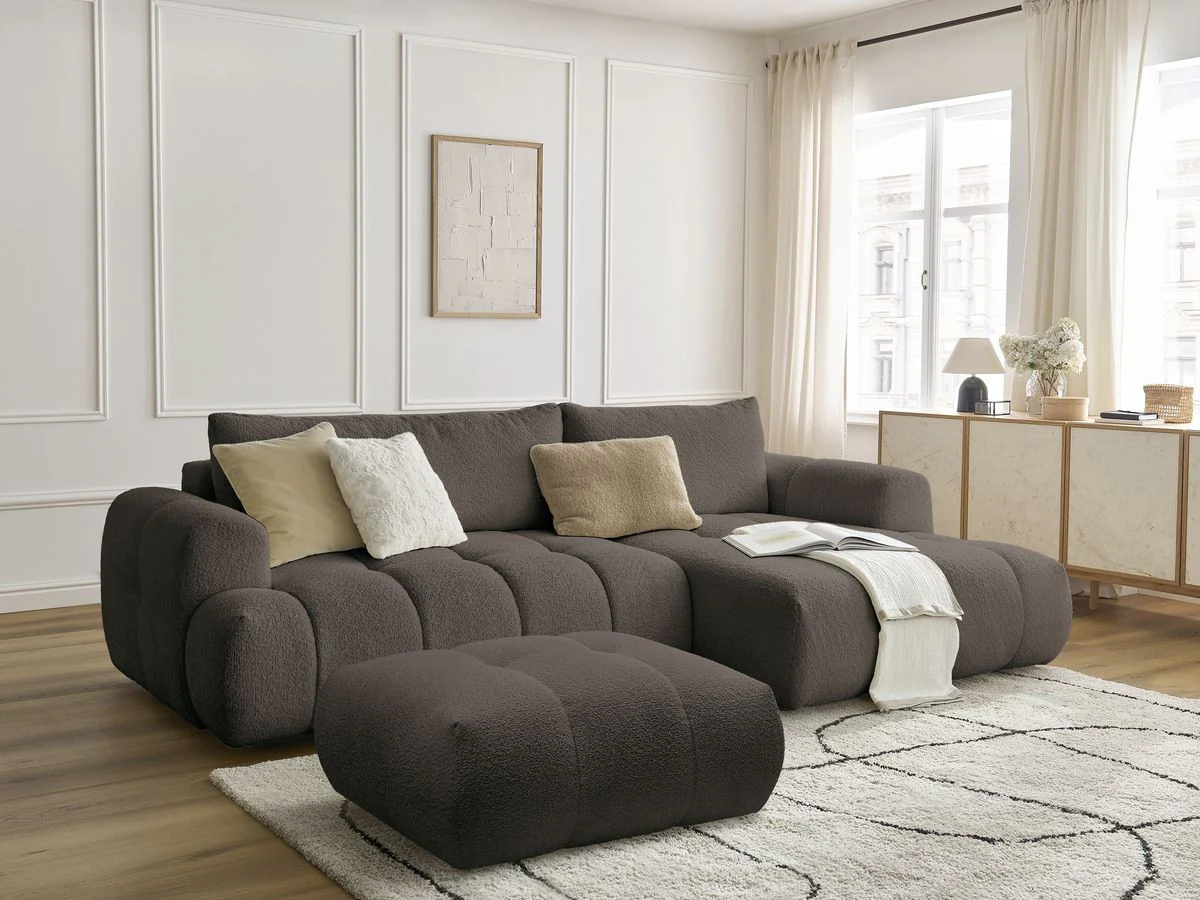 Canapé d'angle convertible FUJI tissu bouclette avec pouf - Image 6