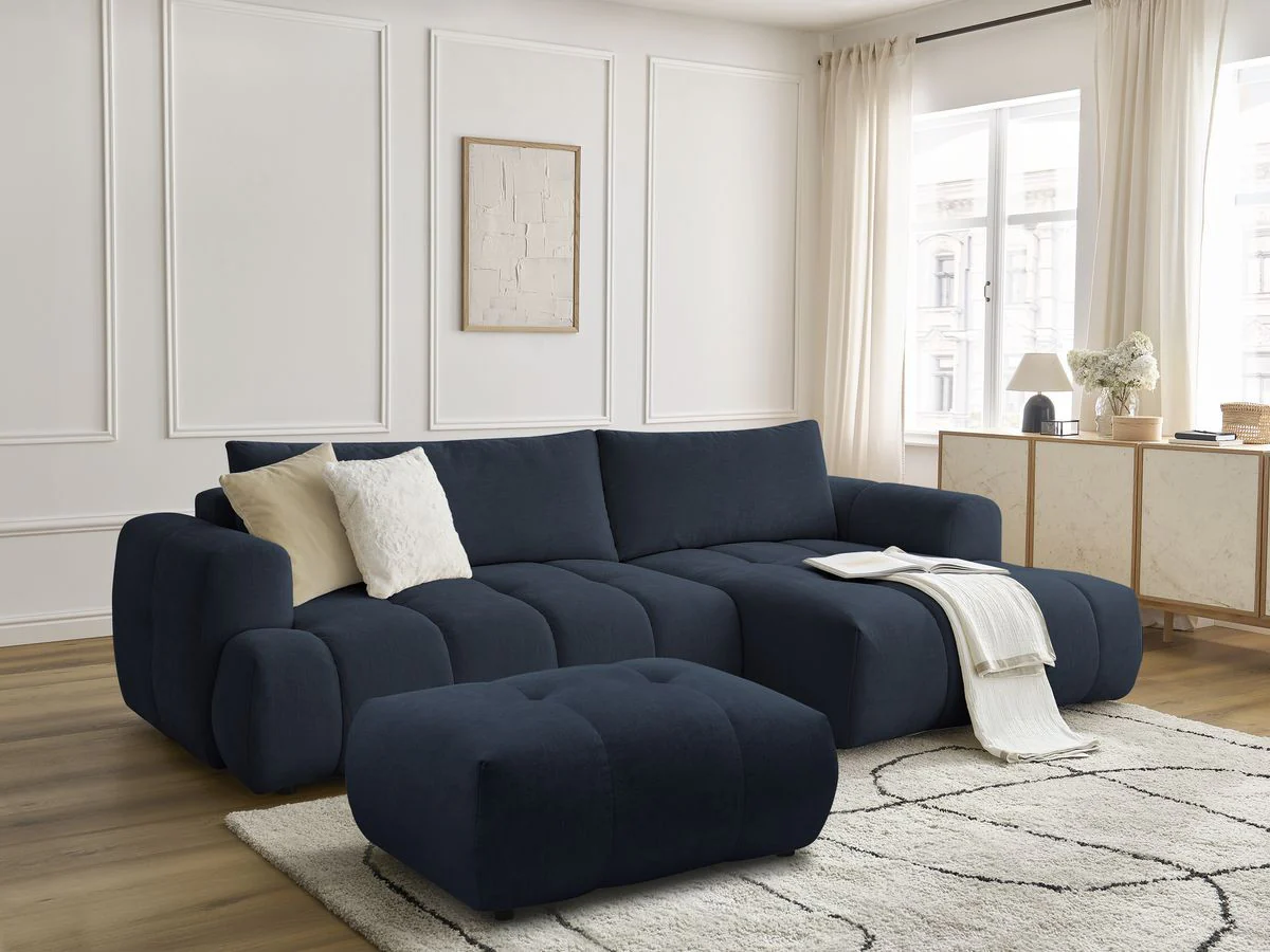 Canapé d'angle convertible FUJI tissu lisse avec pouf - Image 10