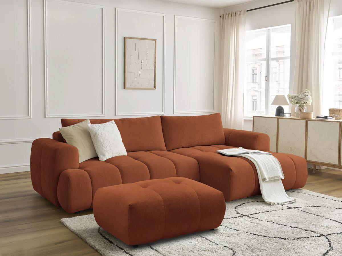 Canapé d'angle convertible FUJI tissu lisse avec pouf - Image 17