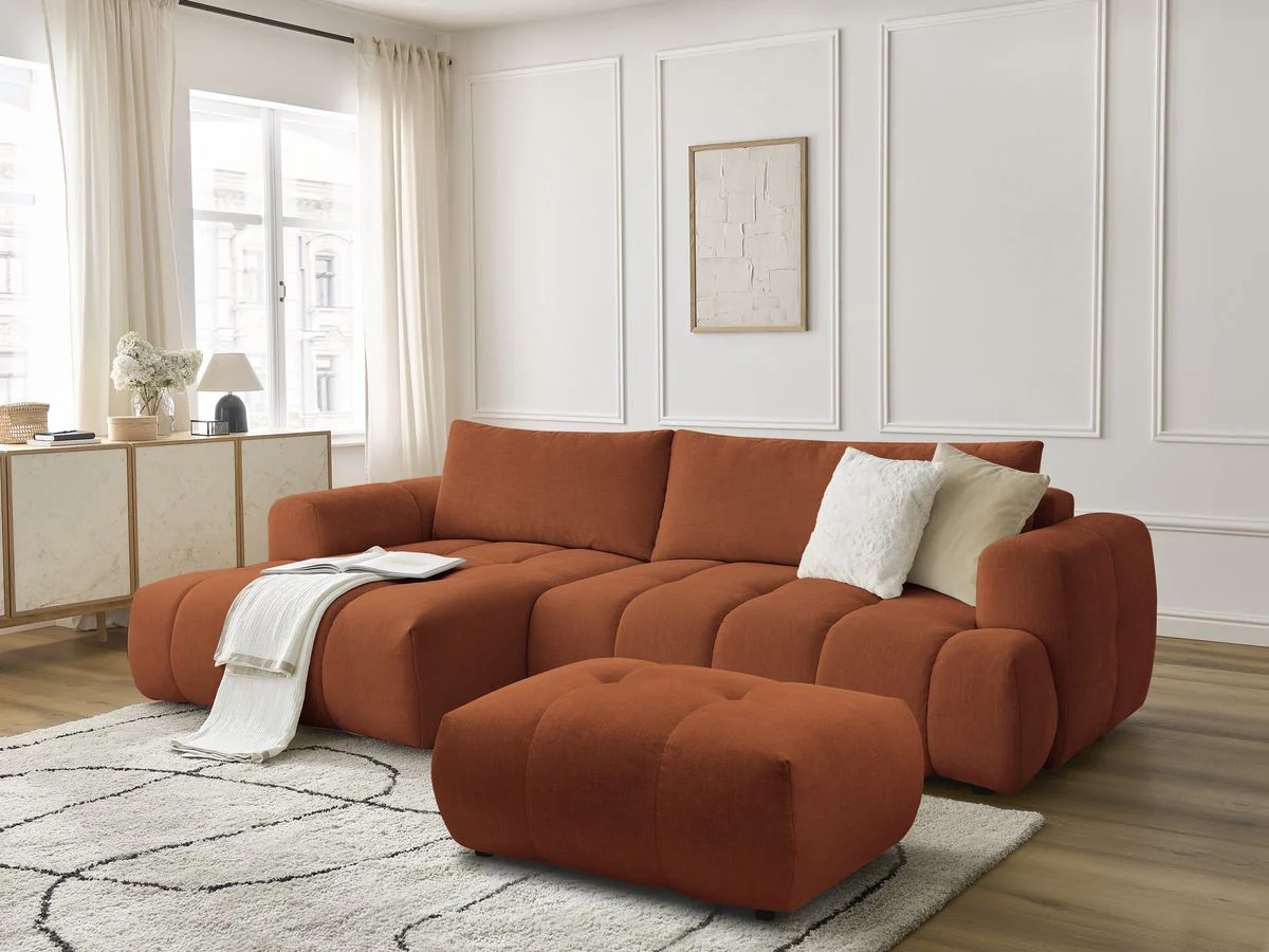 Canapé d'angle convertible FUJI tissu lisse avec pouf - Image 18