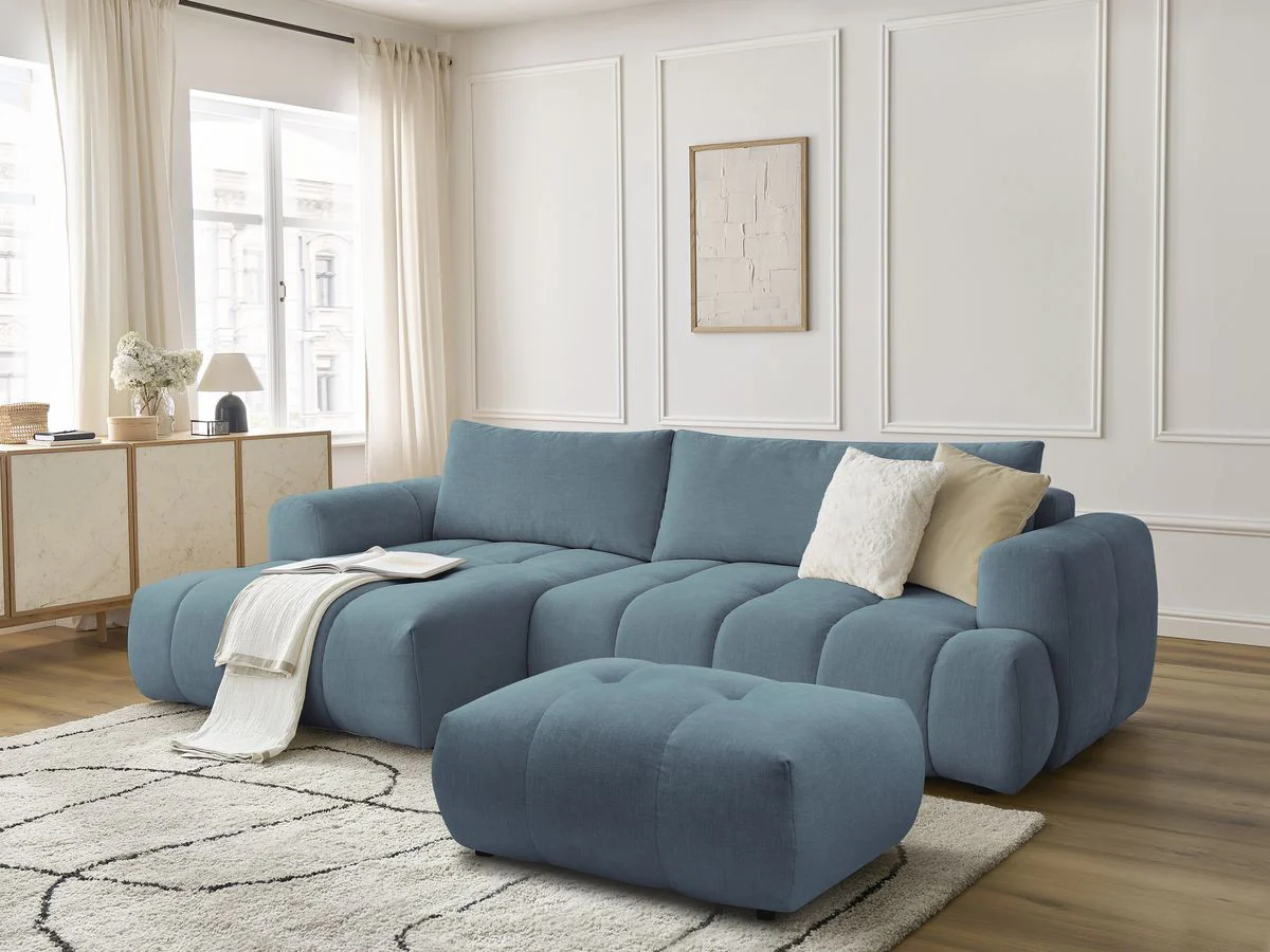 Canapé d'angle convertible FUJI tissu lisse avec pouf - Image 20