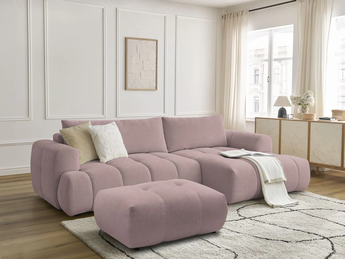Canapé d'angle convertible FUJI tissu lisse avec pouf - Image 28