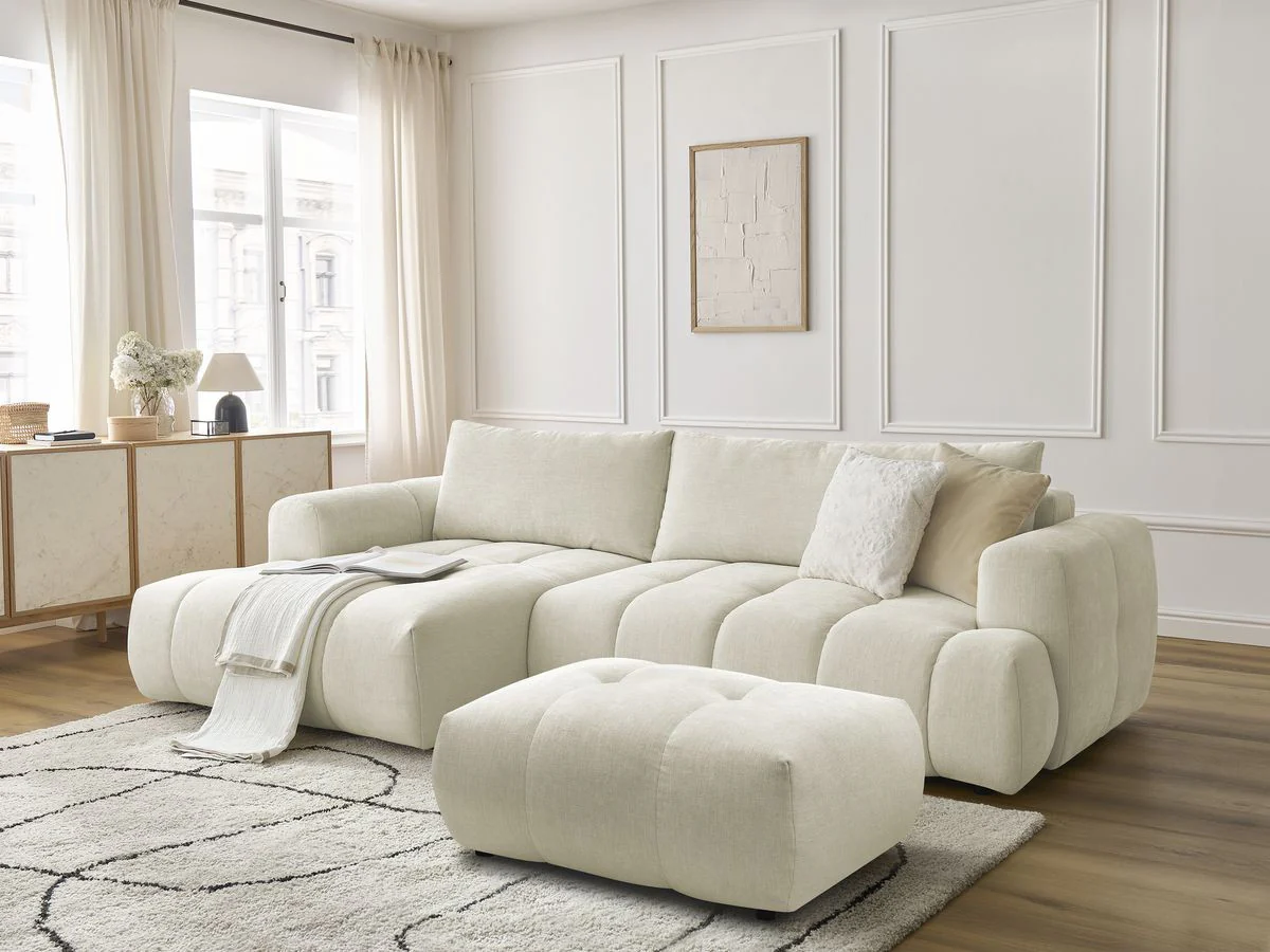 Canapé d'angle convertible FUJI tissu lisse avec pouf - Image 3