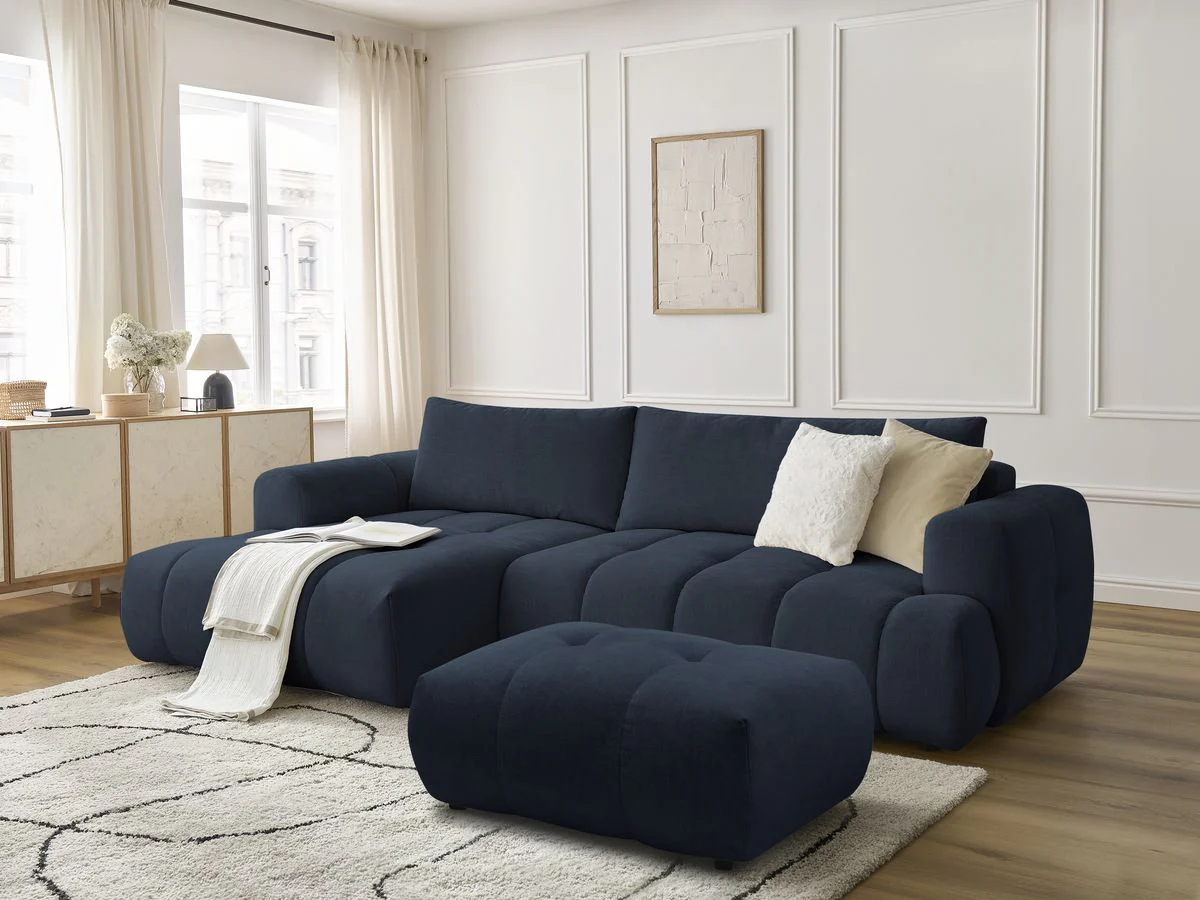 Canapé d'angle convertible FUJI tissu lisse avec pouf - Image 31