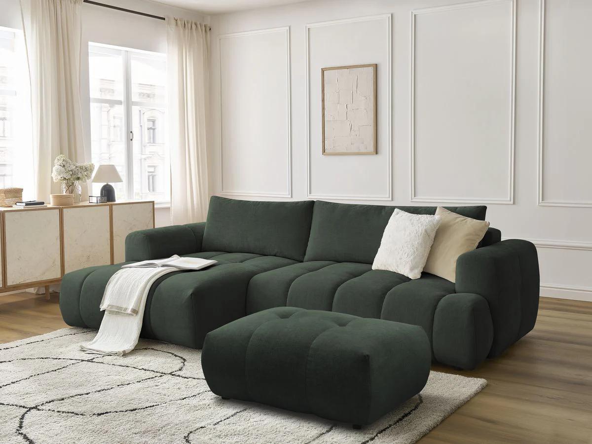 Canapé d'angle convertible FUJI tissu lisse avec pouf - Image 32