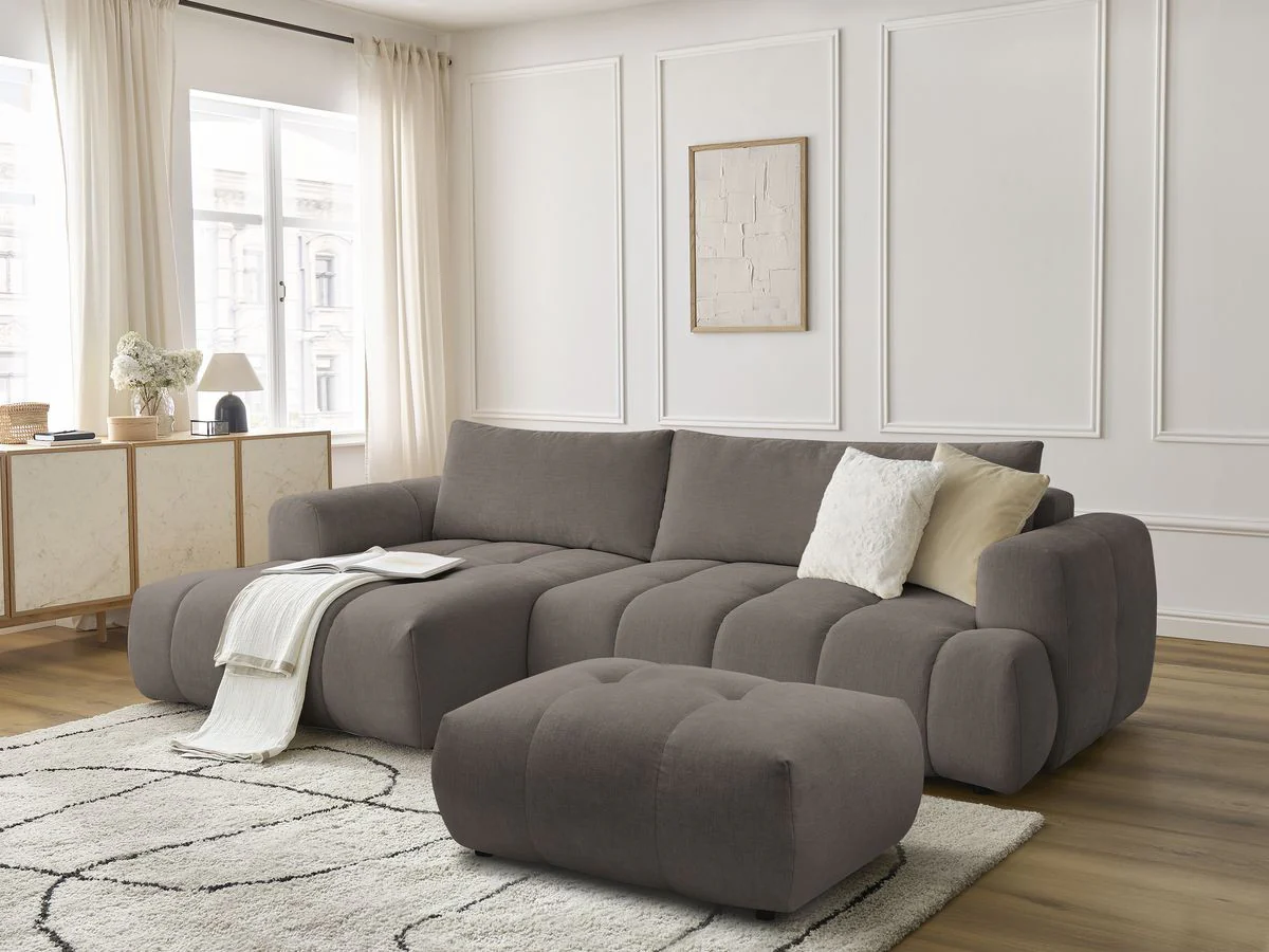 Canapé d'angle convertible FUJI tissu lisse avec pouf - Image 34