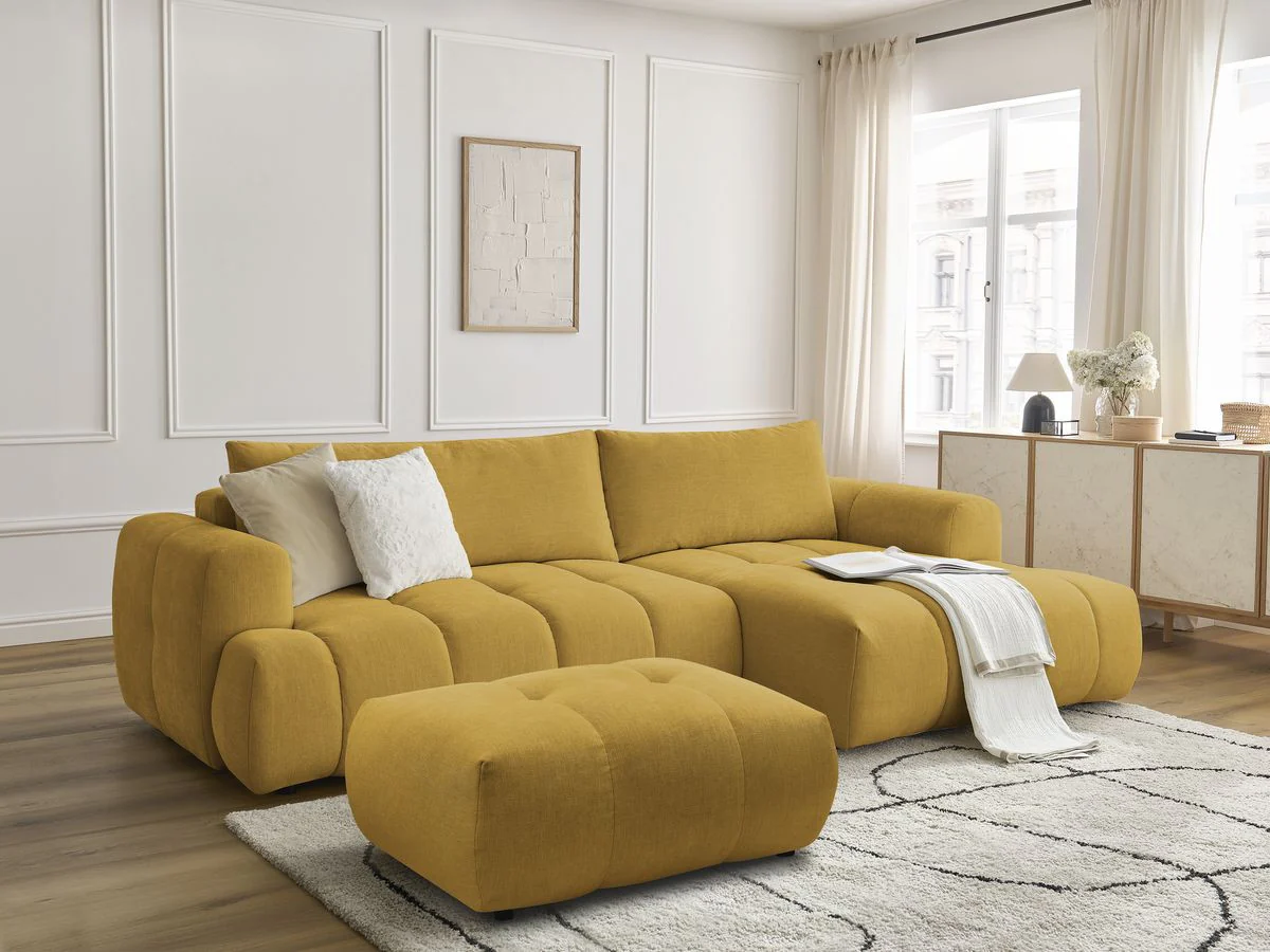 Canapé d'angle convertible FUJI tissu lisse avec pouf - Image 35