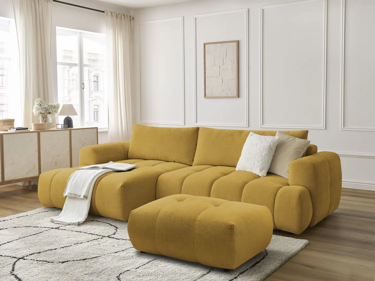 Canapé d'angle convertible FUJI tissu lisse avec pouf - Image 36