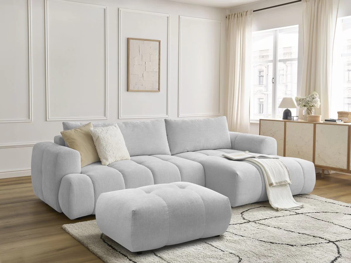 Canapé d'angle convertible FUJI tissu lisse avec pouf - Image 4
