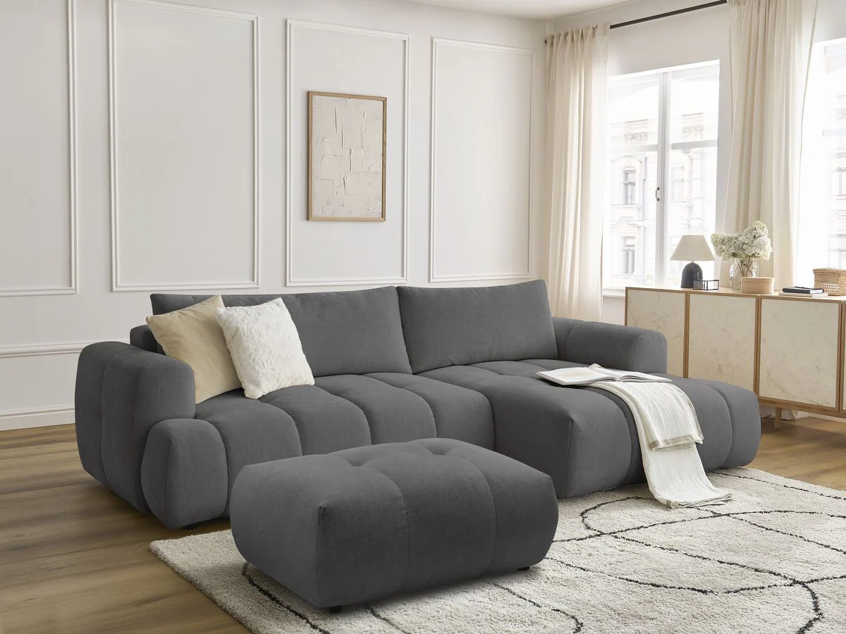 Canapé d'angle convertible FUJI tissu lisse avec pouf - Image 6