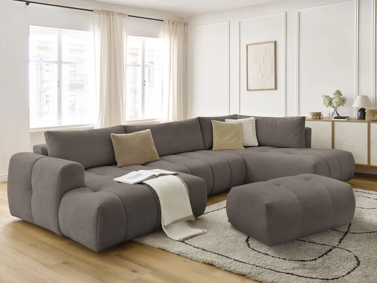 Canapé panoramique convertible FUJI tissu lisse avec pouf - Image 14
