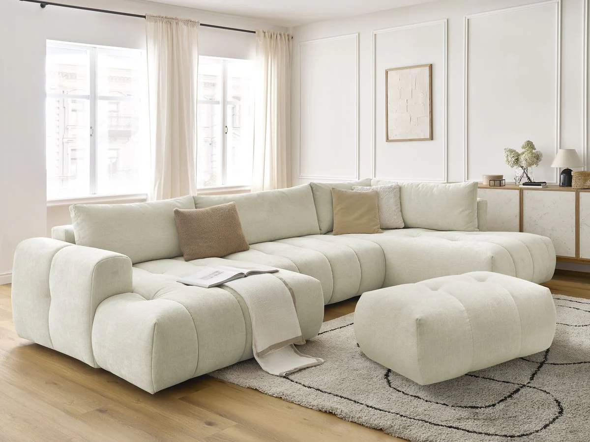 Canapé panoramique convertible FUJI tissu lisse avec pouf - Image 3