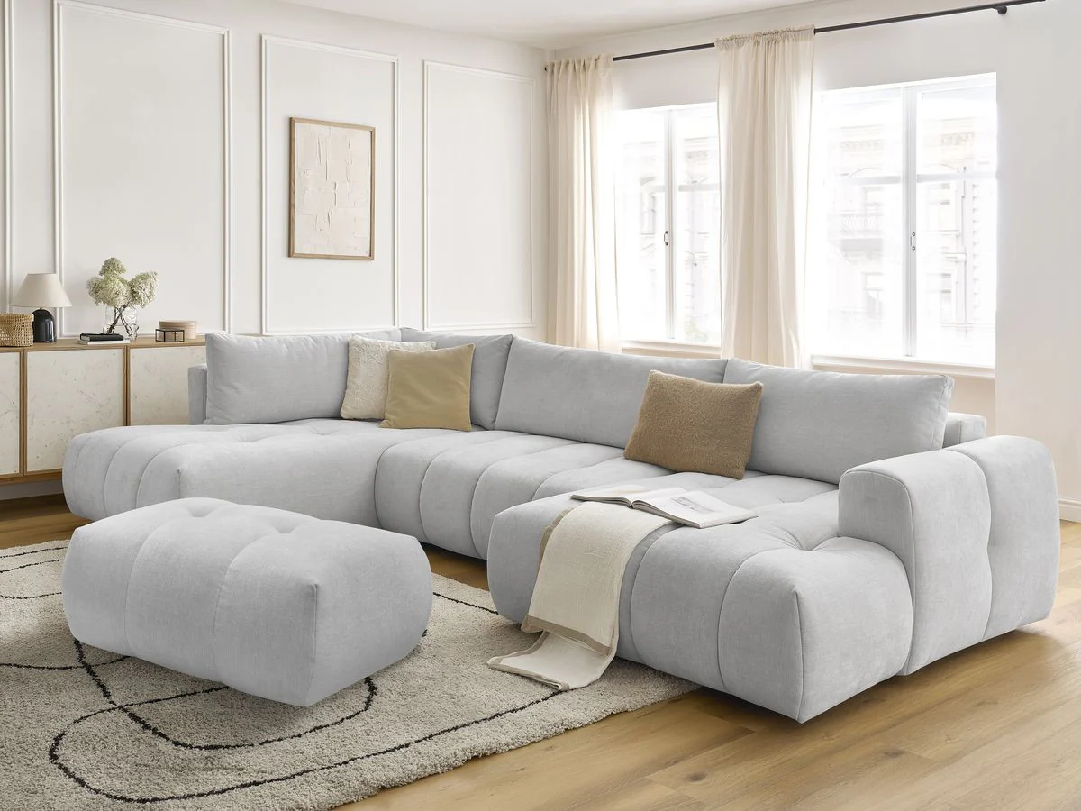 Canapé panoramique convertible FUJI tissu lisse avec pouf - Image 4