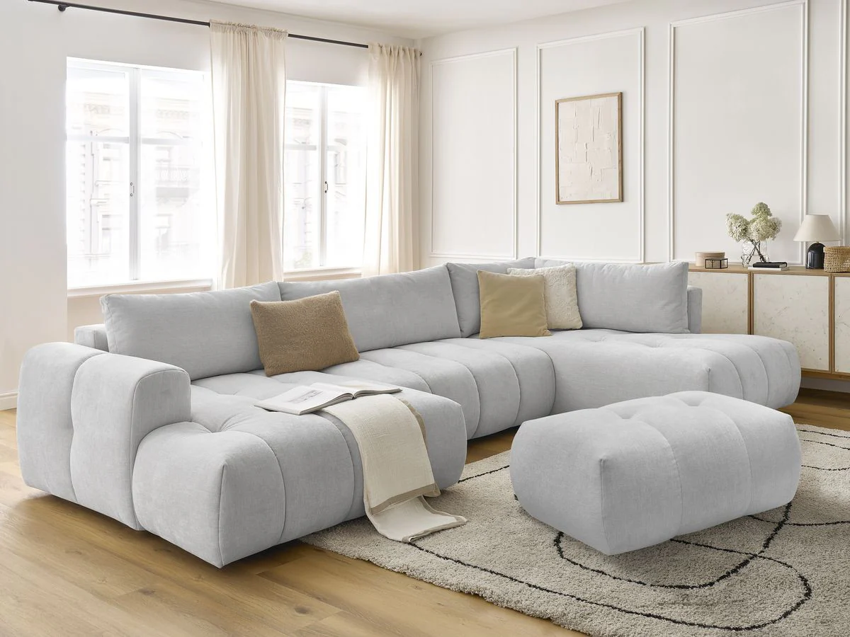 Canapé panoramique convertible FUJI tissu lisse avec pouf - Image 5