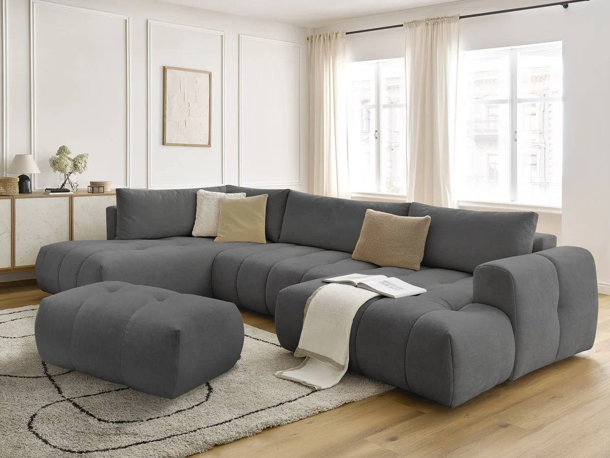 Canapé panoramique convertible FUJI tissu lisse avec pouf - Image 6