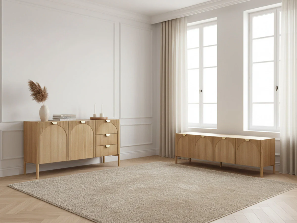 Ensemble LOLA avec buffet 135 cm + meuble TV 178 cm motif arrondi et placage frêne massif