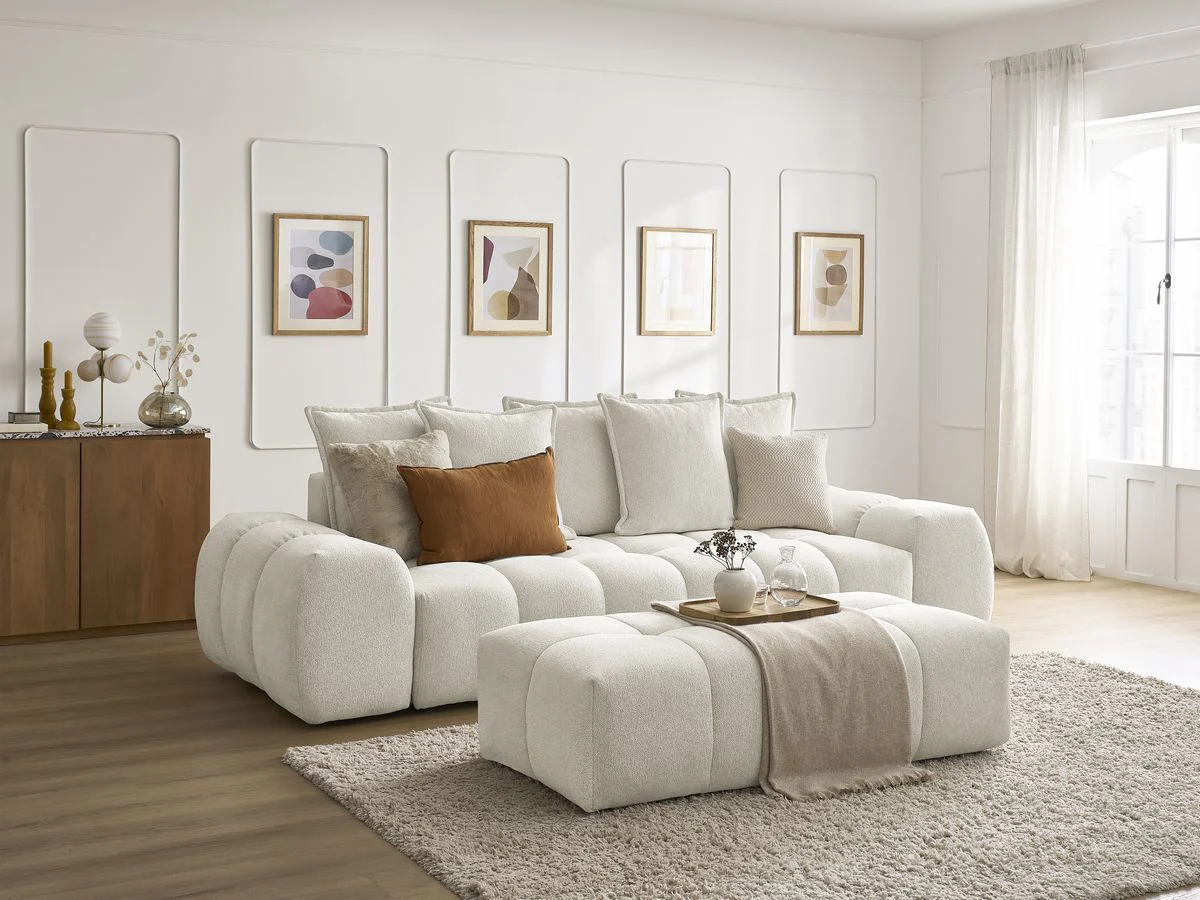 Canapé droit fixe 3 places EVEREST tissu chiné avec pouf - Image 11