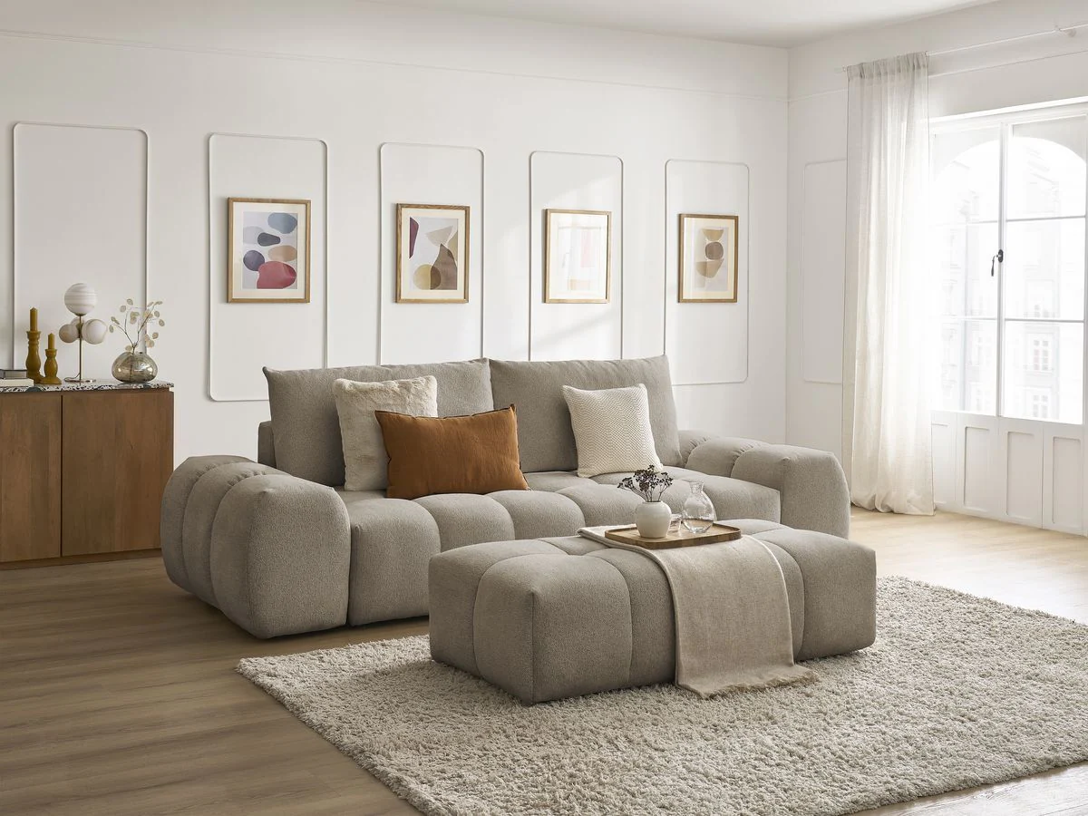 Canapé droit fixe 3 places EVEREST tissu chiné avec pouf - Image 3