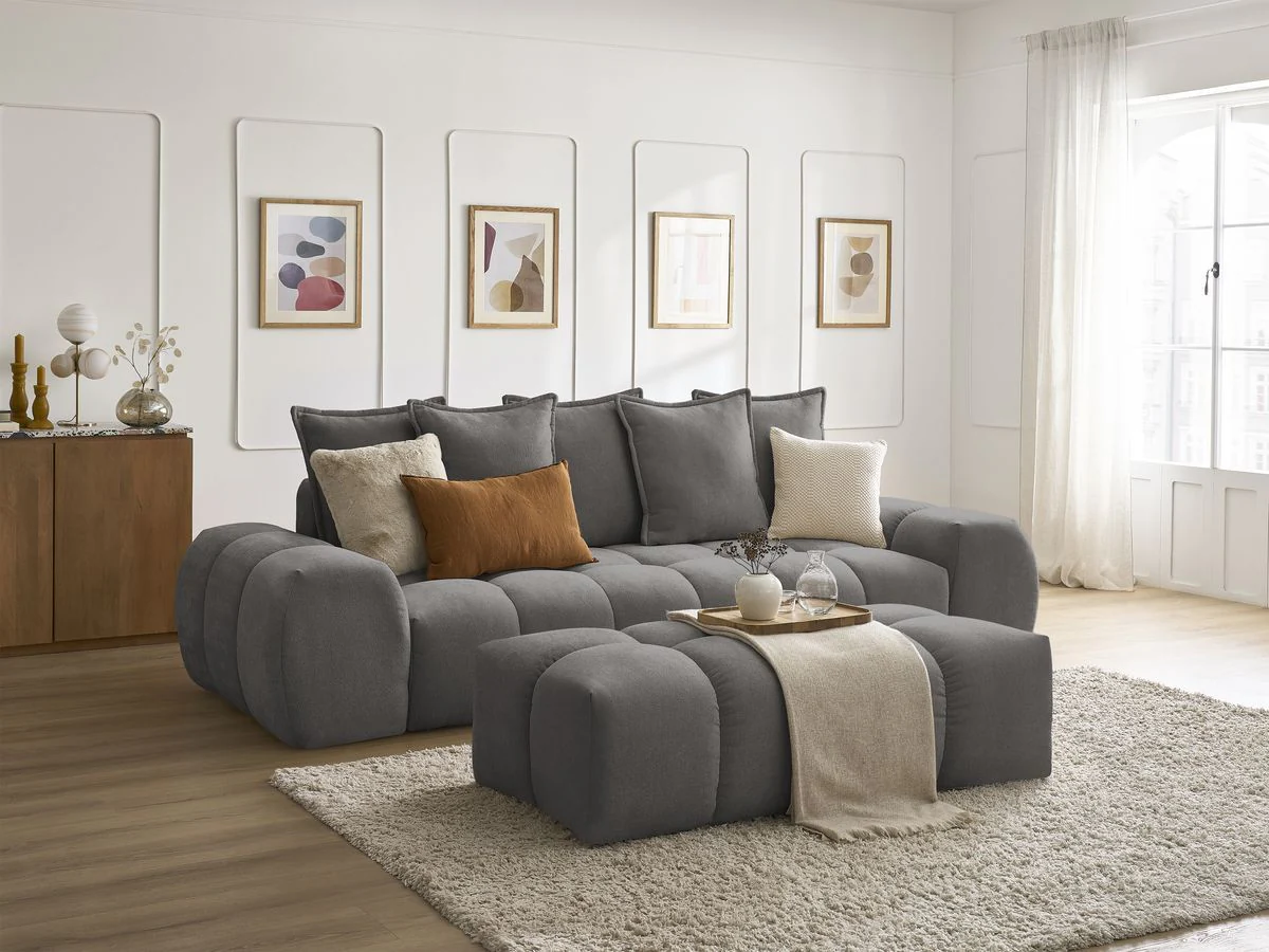 Canapé droit fixe 3 places EVEREST tissu texturé avec pouf - Image 14