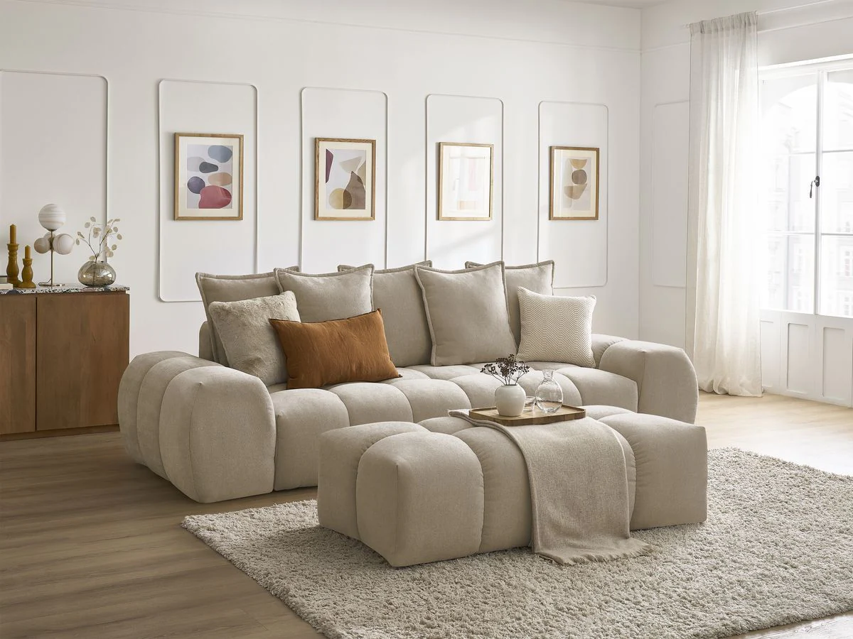 Canapé droit fixe 3 places EVEREST tissu texturé avec pouf - Image 19