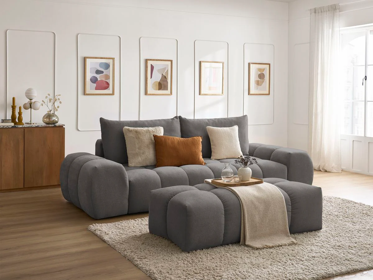 Canapé droit fixe 3 places EVEREST tissu texturé avec pouf - Image 24