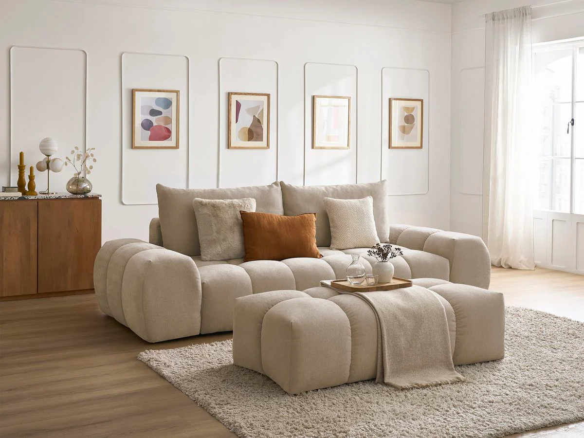 Canapé droit fixe 3 places EVEREST tissu texturé avec pouf - Image 29
