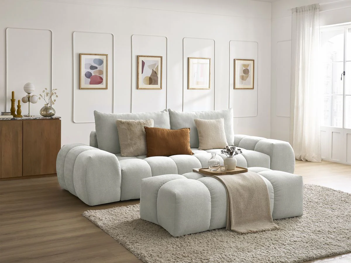 Canapé droit fixe 3 places EVEREST tissu texturé avec pouf - Image 3