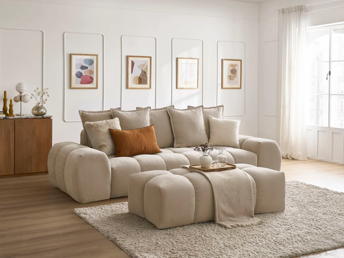 Canapé droit fixe 3 places EVEREST tissu texturé avec pouf - Image 39
