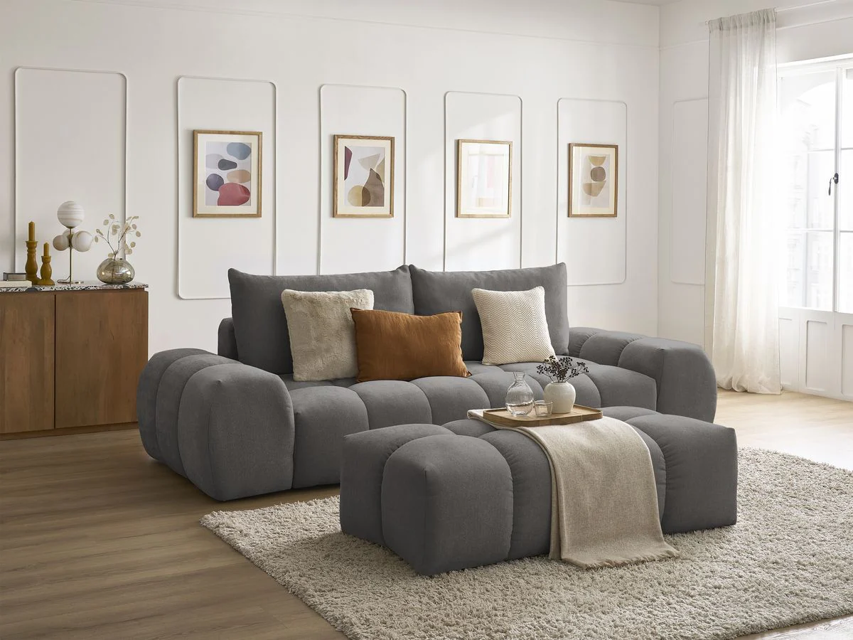 Canapé droit fixe 3 places EVEREST tissu texturé avec pouf - Image 4