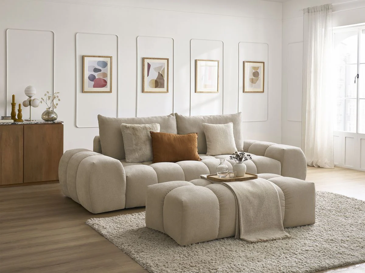 Canapé droit fixe 3 places EVEREST tissu texturé avec pouf - Image 9
