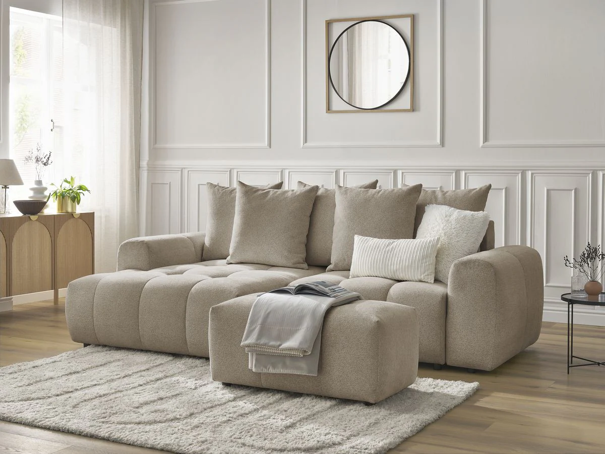 Canapé d'angle convertible coffre ROXELANE tissu chiné avec pouf - Image 3