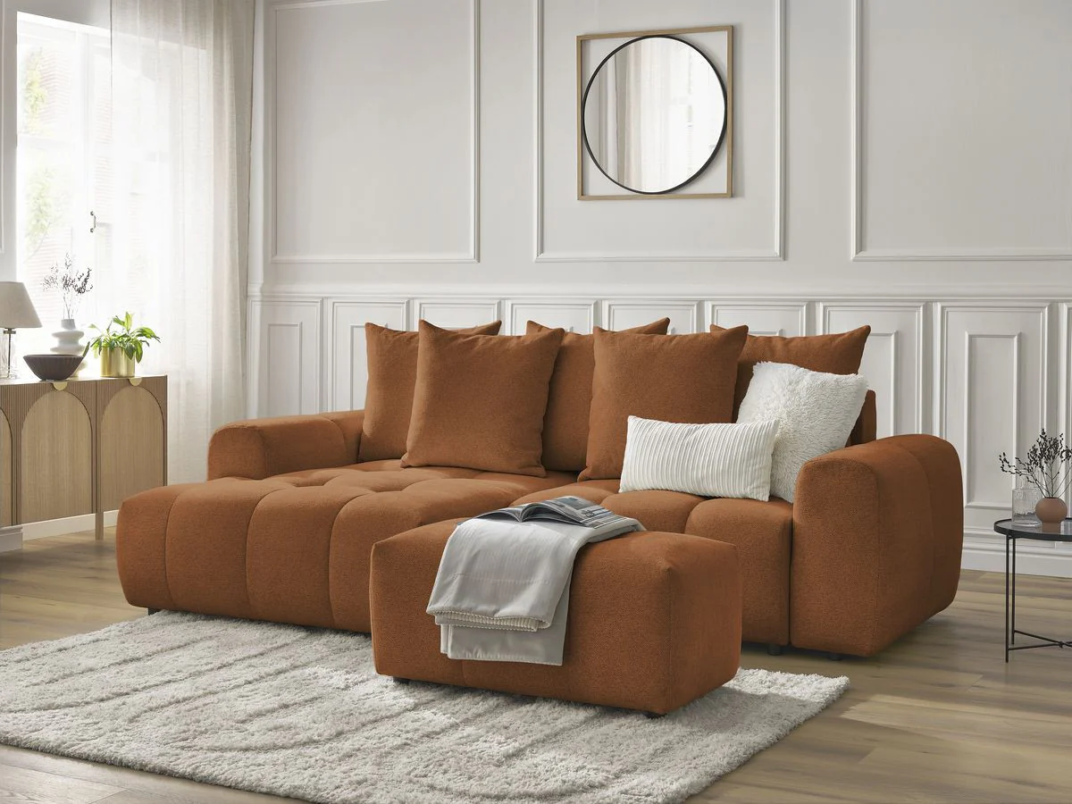 Canapé d'angle convertible coffre ROXELANE tissu chiné avec pouf - Image 7