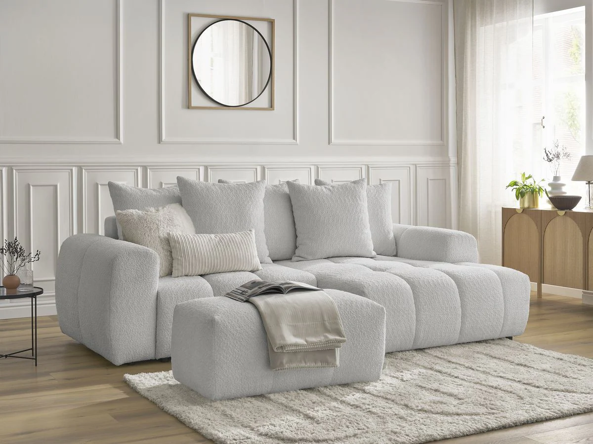 Canapé d'angle convertible coffre ROXELANE tissu bouclette avec pouf - Image 29