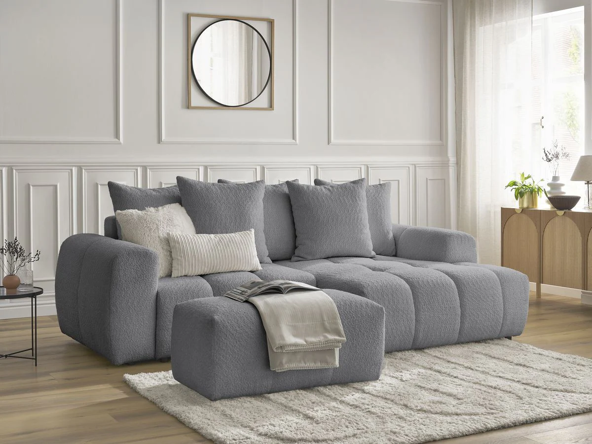 Canapé d'angle convertible coffre ROXELANE tissu bouclette avec pouf - Image 31