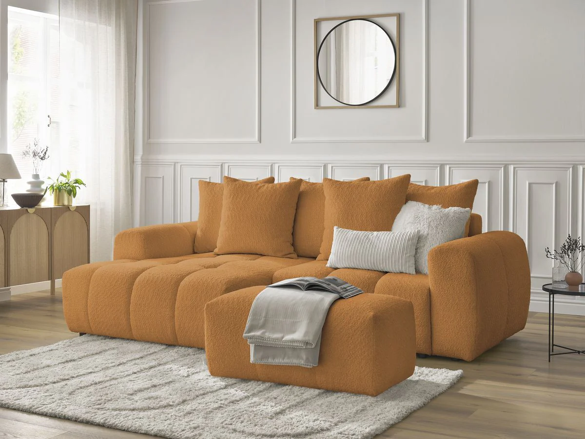 Canapé d'angle convertible coffre ROXELANE tissu bouclette avec pouf - Image 9