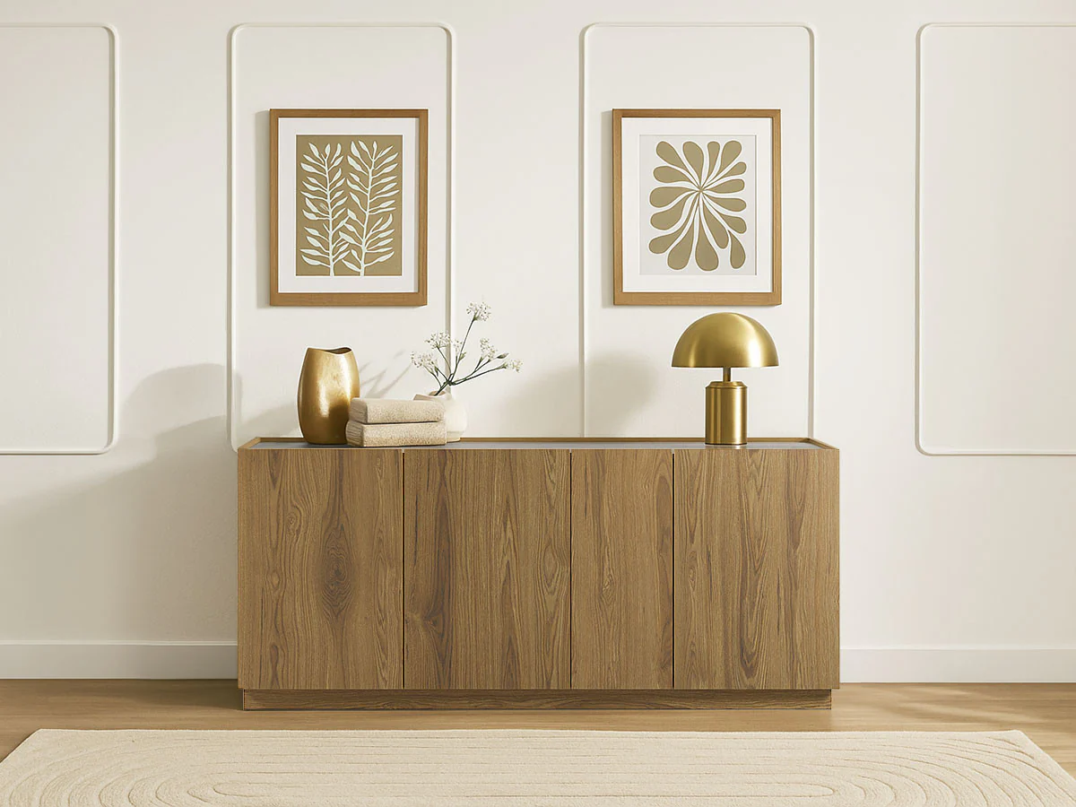 Buffet 4 portes 180 cm MARION effet chêne et travertin