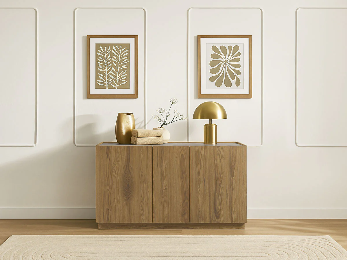 Buffet 3 portes 140 cm MARION effet chêne et travertin