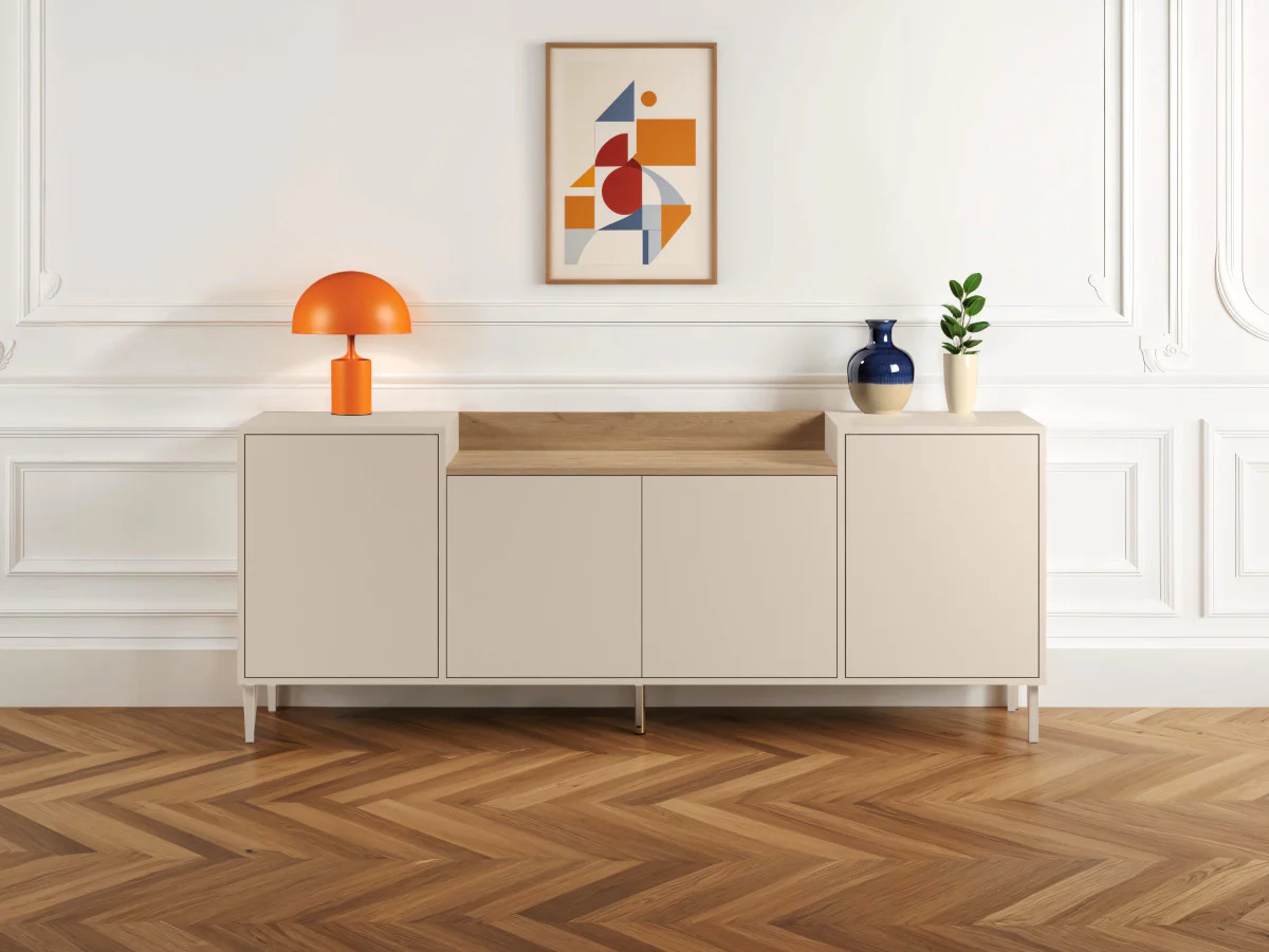 Buffet 4 portes 200 cm LINO plateau effet chêne et pieds métal