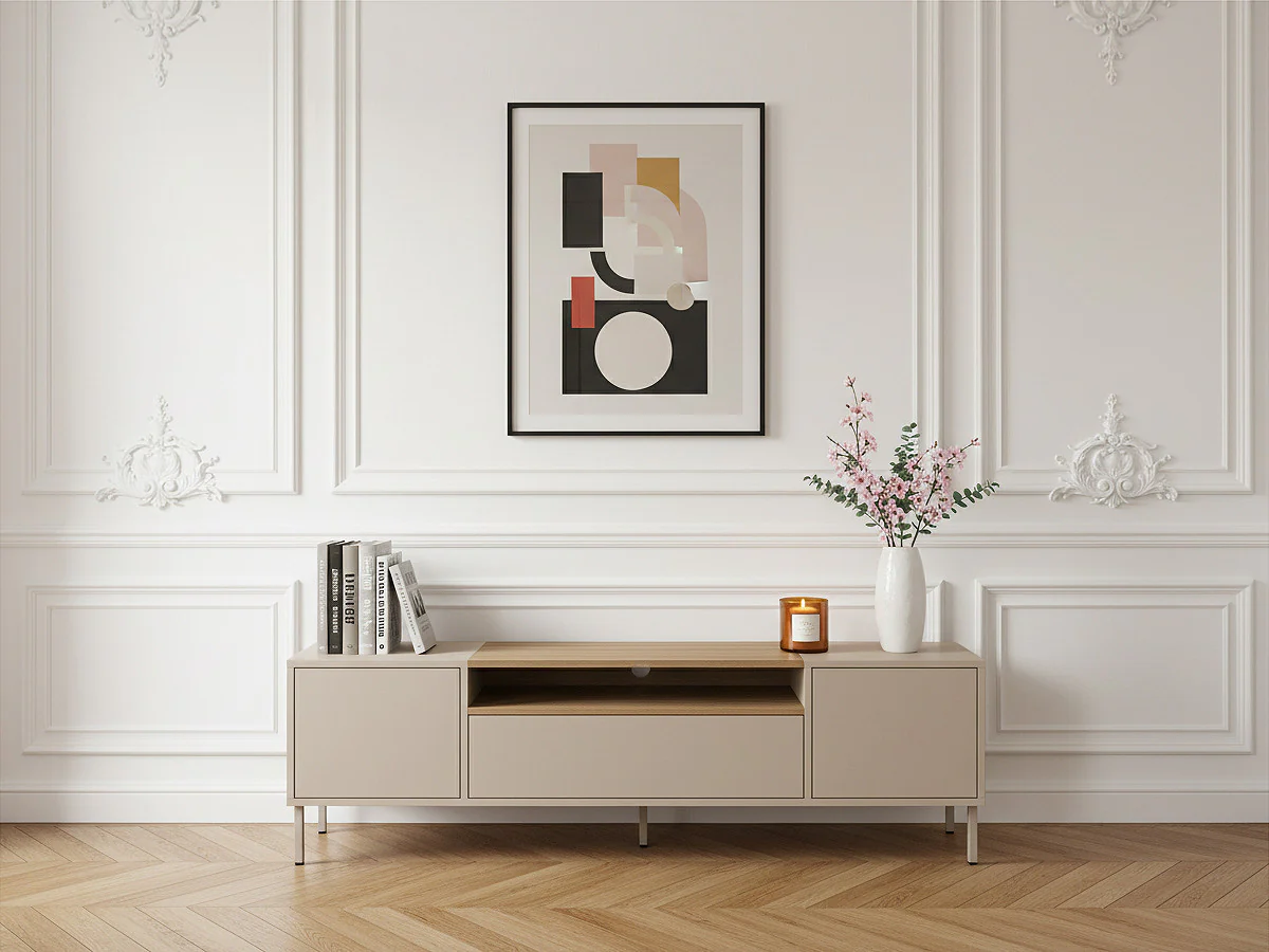 Meuble TV 3 portes 180 cm LINO plateau effet chêne et pieds métal