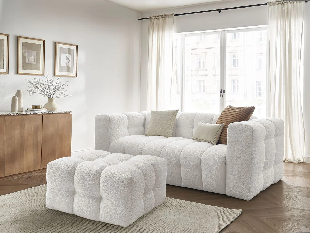 Canapé droit convertible ouverture express 3 places CLOUD tissu bouclette avec pouf - Image 10