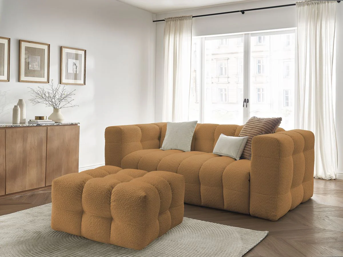 Canapé droit convertible ouverture express 3 places CLOUD tissu bouclette avec pouf - Image 14