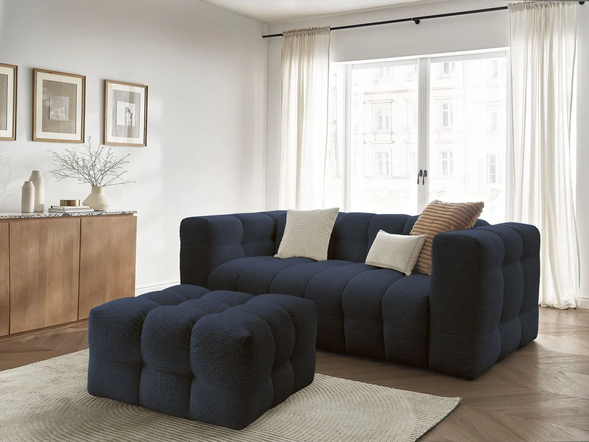 Canapé droit convertible ouverture express 3 places CLOUD tissu bouclette avec pouf - Image 16