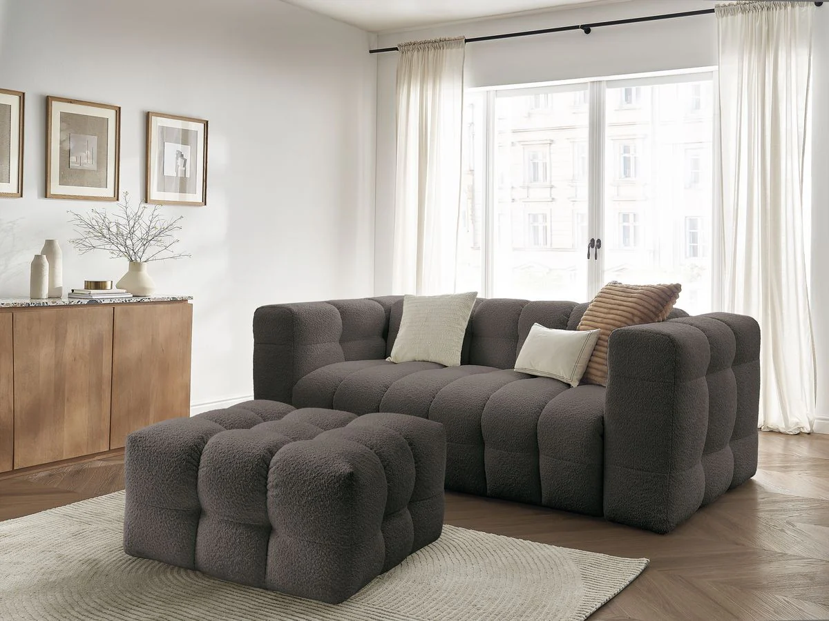 Canapé droit convertible ouverture express 3 places CLOUD tissu bouclette avec pouf - Image 3