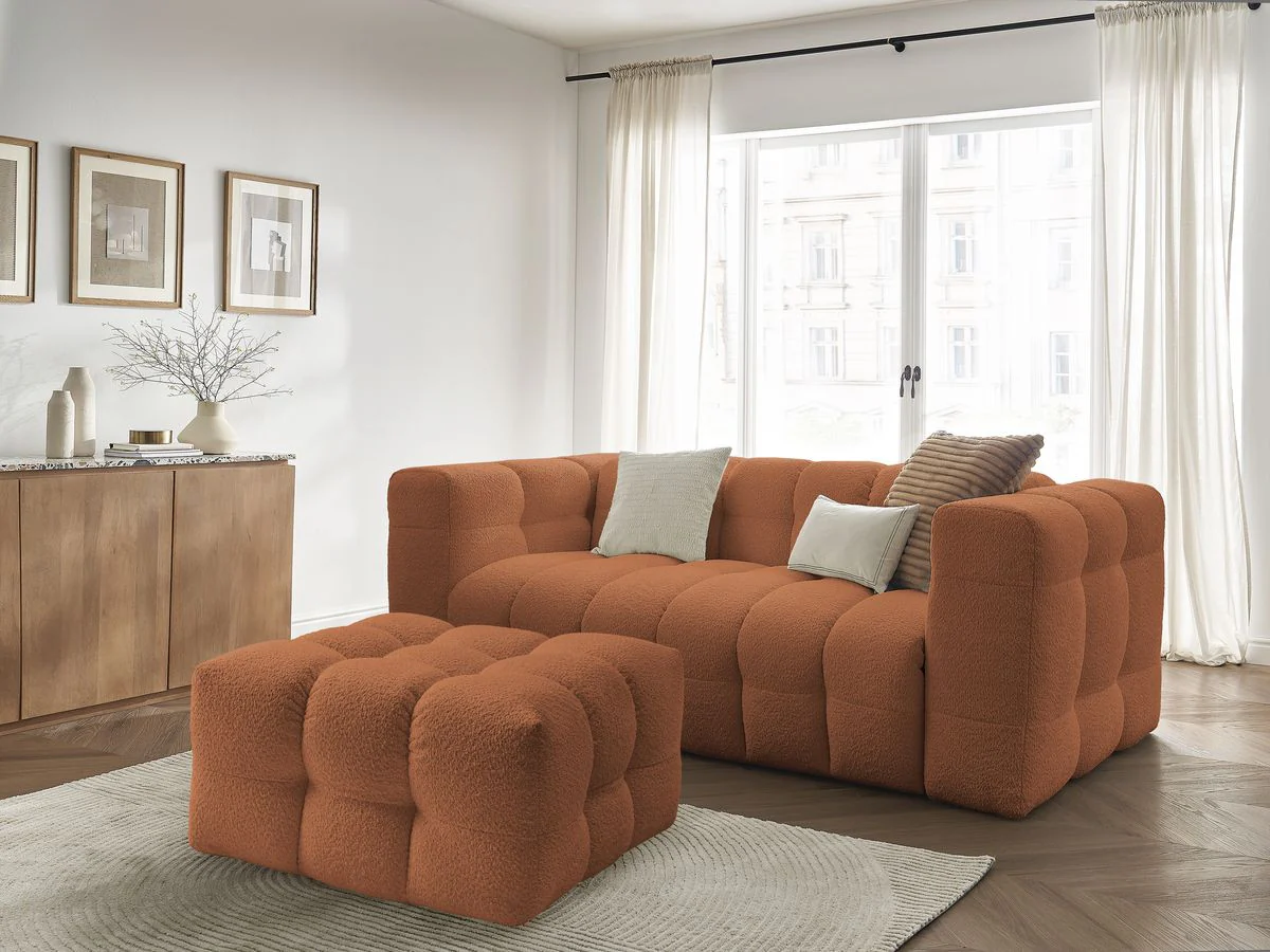 Canapé droit convertible ouverture express 3 places CLOUD tissu bouclette avec pouf - Image 4