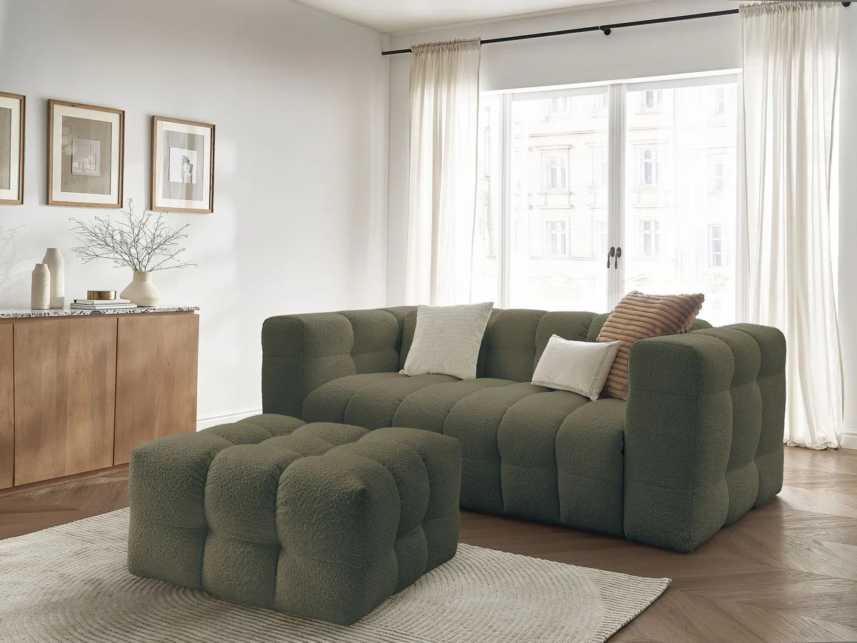 Canapé droit convertible ouverture express 3 places CLOUD tissu bouclette avec pouf - Image 6